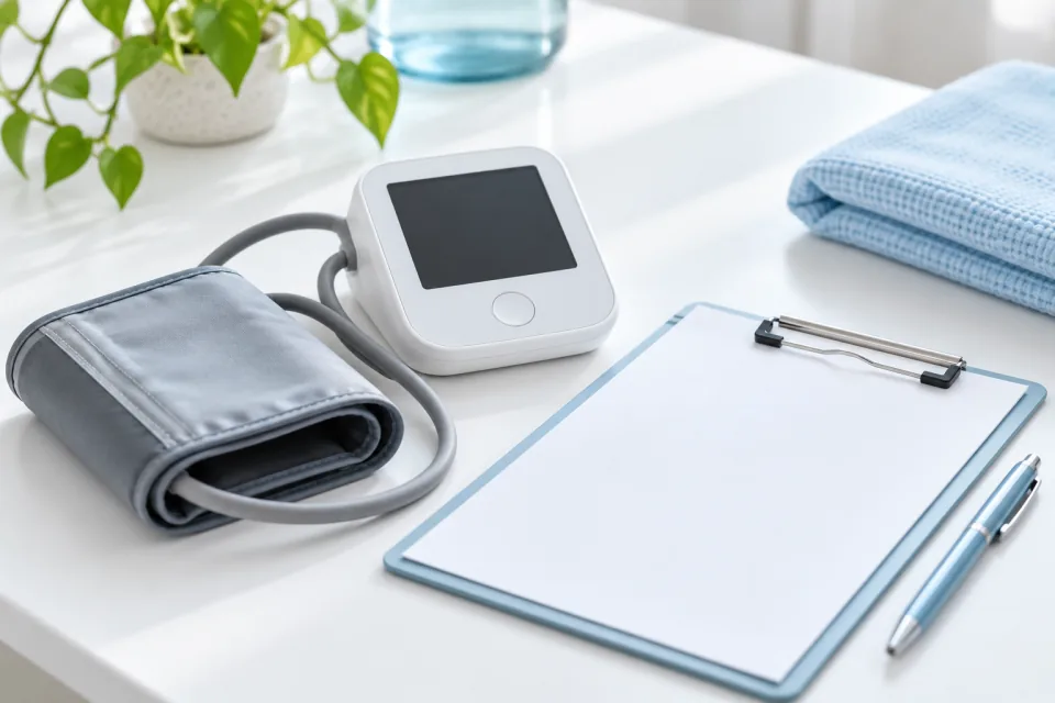 Illustrative blood-pressure monitor and blank checkup clipboard