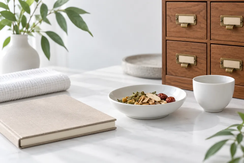 AI-generated TCM consultation still life, not a partner clinic